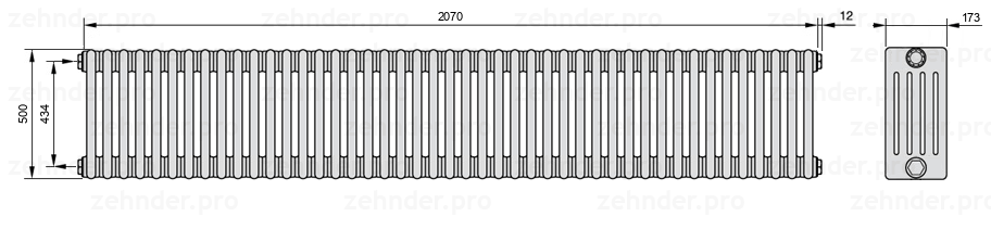 Схема (чертеж) Радиатор Zehnder Charleston 5050/45 №1270 Белый глянцевый RAL 9016